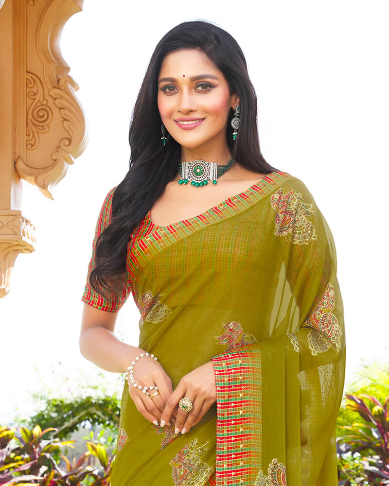 Vishal Prints Olive Yellow Digital Print Chiffon Saree With Stone Work And Satin Border