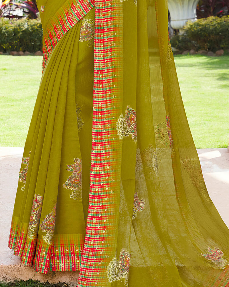 Vishal Prints Olive Yellow Digital Print Chiffon Saree With Stone Work And Satin Border