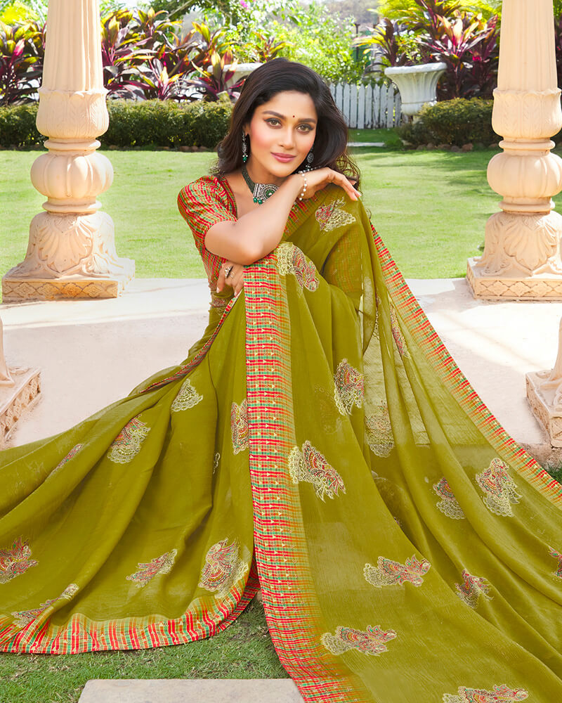Vishal Prints Olive Yellow Digital Print Chiffon Saree With Stone Work And Satin Border