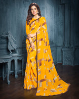 Vishal Prints Golden Yellow Digital Print Georgette Saree With Piping