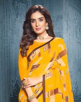 Vishal Prints Golden Yellow Digital Print Georgette Saree With Piping
