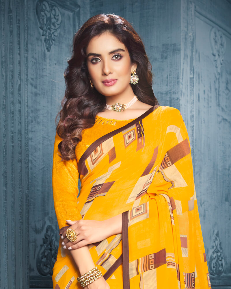 Vishal Prints Golden Yellow Digital Print Georgette Saree With Piping