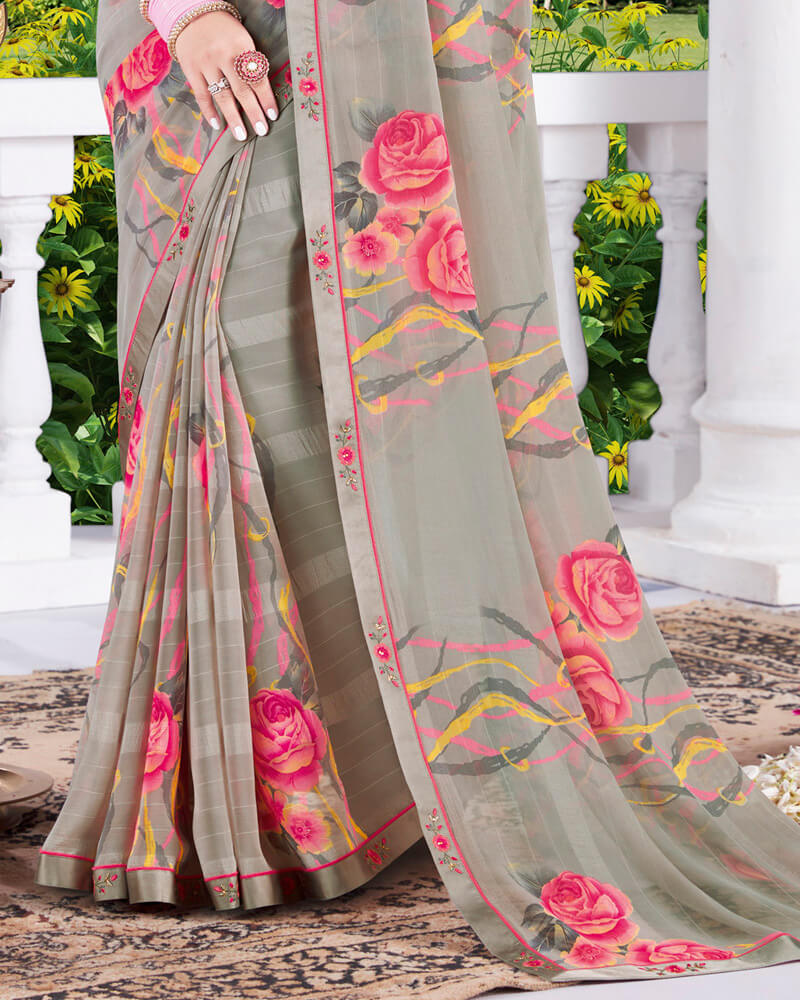 Vishal Prints Sand Grey Digital Print Georgette Saree With Fancy Border