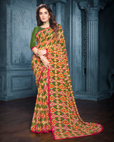 Vishal Prints Dark Olive Green Digital Print Georgette Saree With Piping
