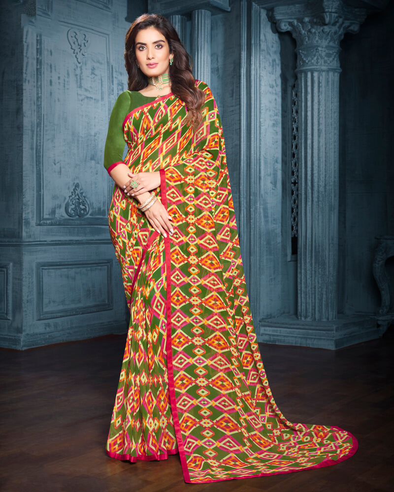 Vishal Prints Dark Olive Green Digital Print Georgette Saree With Piping