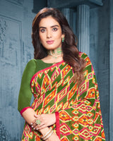 Vishal Prints Dark Olive Green Digital Print Georgette Saree With Piping