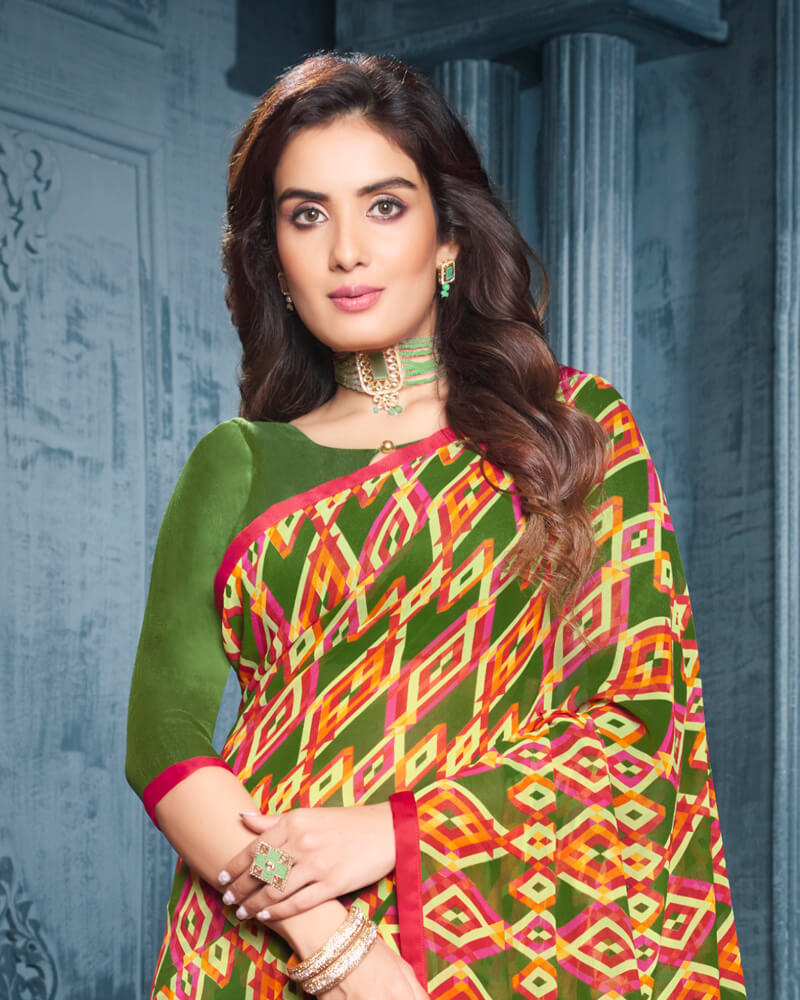 Vishal Prints Dark Olive Green Digital Print Georgette Saree With Piping