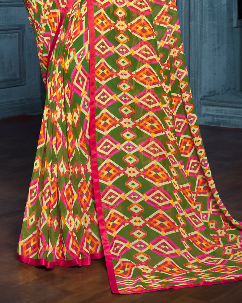 Vishal Prints Dark Olive Green Digital Print Georgette Saree With Piping