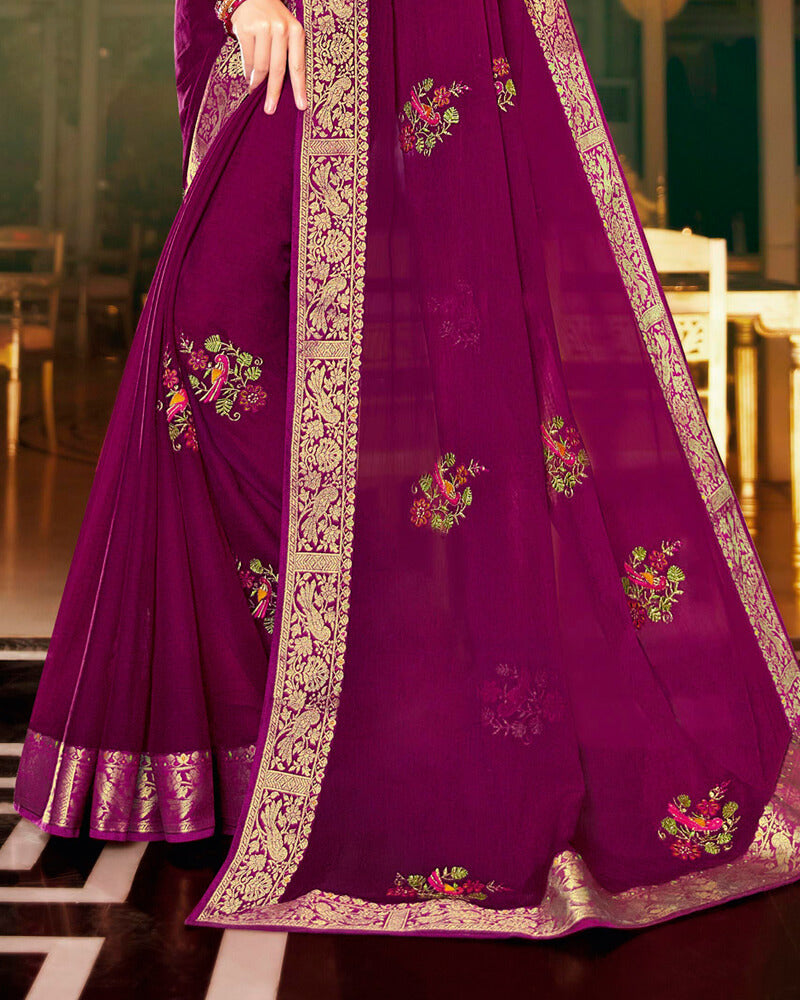 Vishal Prints Wine Chiffon Saree With Embroidery Work And Fancy Border