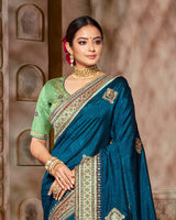 Vishal Prints Peacock Blue Art Silk Saree With Embroidery Work