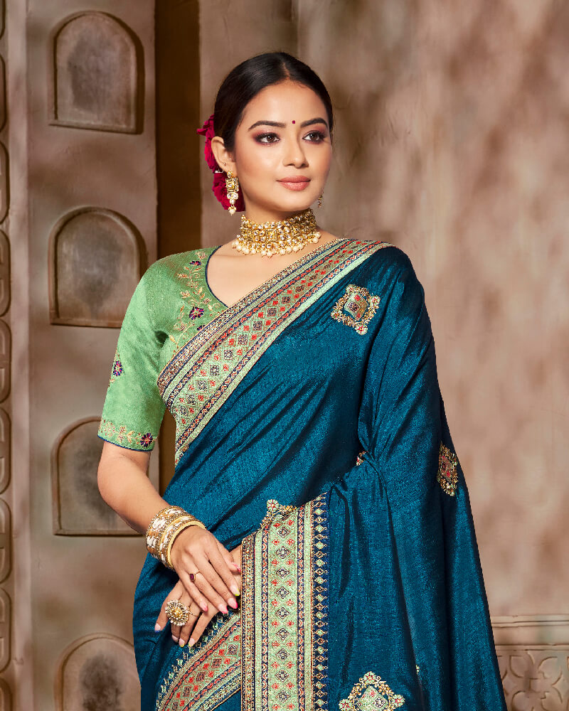Vishal Prints Peacock Blue Art Silk Saree With Embroidery Work