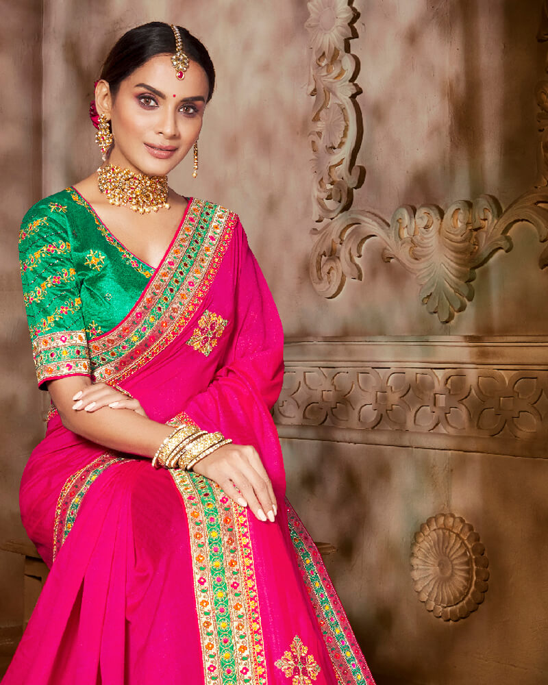 Vishal Prints Red Pink Art Silk Saree With Embroidery Work