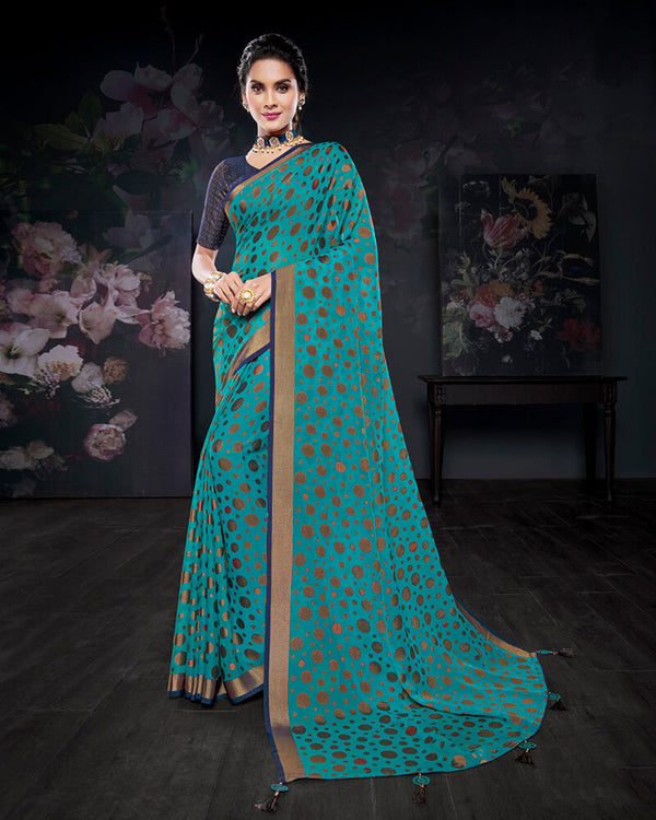 Vishal Prints Dark Turquoise Blue Brasso Saree With Foil Print And Tassel