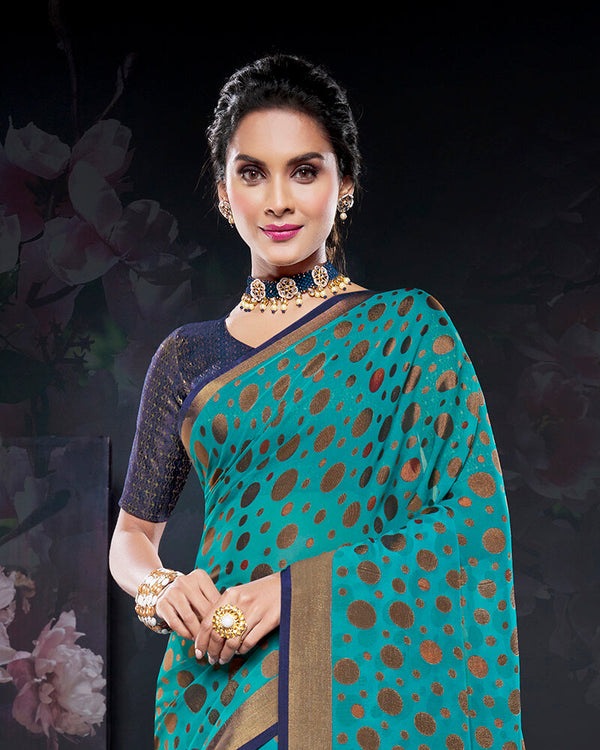 Vishal Prints Dark Turquoise Blue Brasso Saree With Foil Print And Tassel