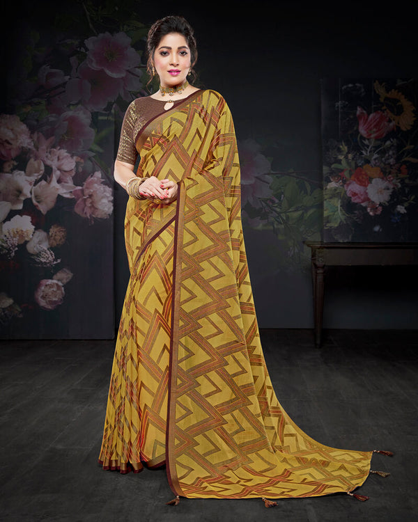 Vishal Prints Olive Yellow Brasso Saree With Foil Print And Tassel