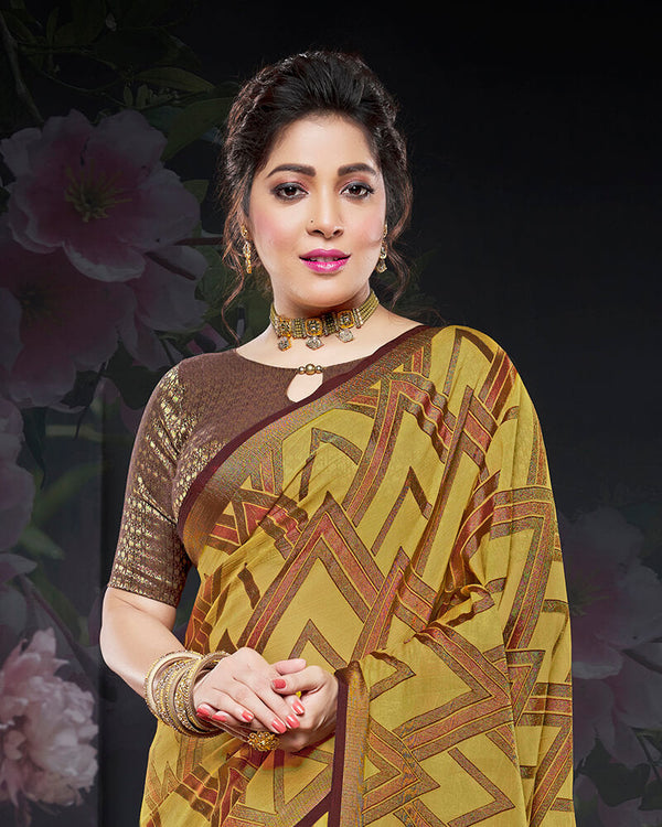 Vishal Prints Olive Yellow Brasso Saree With Foil Print And Tassel