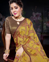 Vishal Prints Olive Yellow Brasso Saree With Foil Print And Tassel