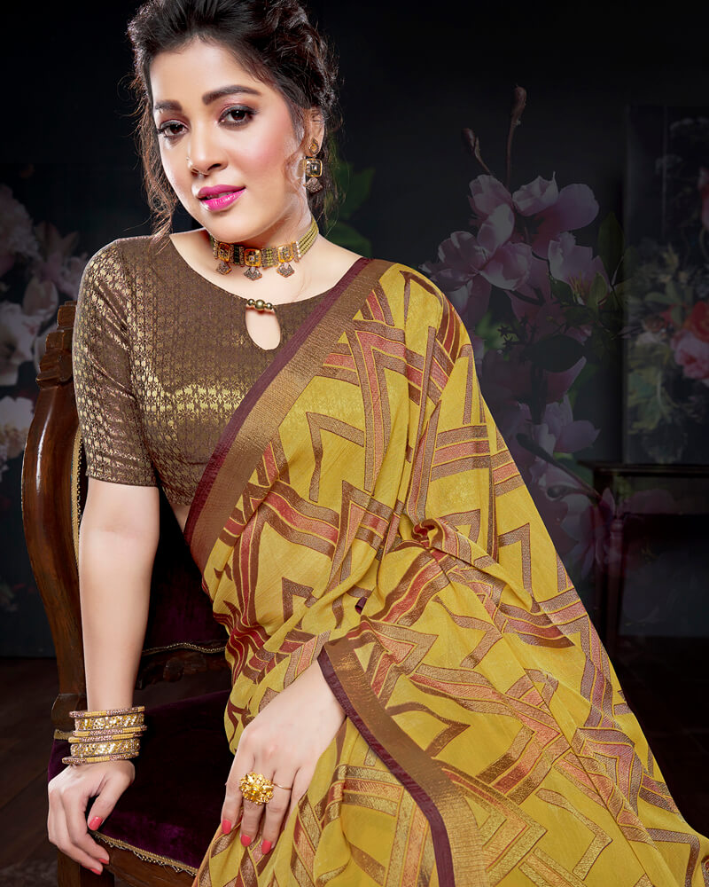 Vishal Prints Olive Yellow Brasso Saree With Foil Print And Tassel