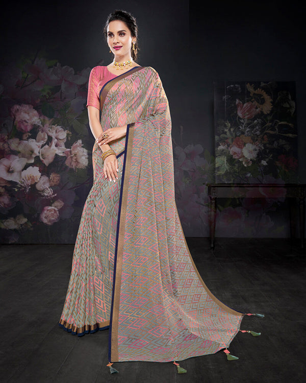 Vishal Prints Cool Grey Brasso Saree With Foil Print And Tassel