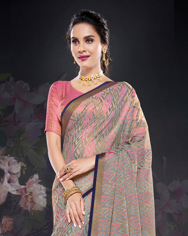 Vishal Prints Cool Grey Brasso Saree With Foil Print And Tassel