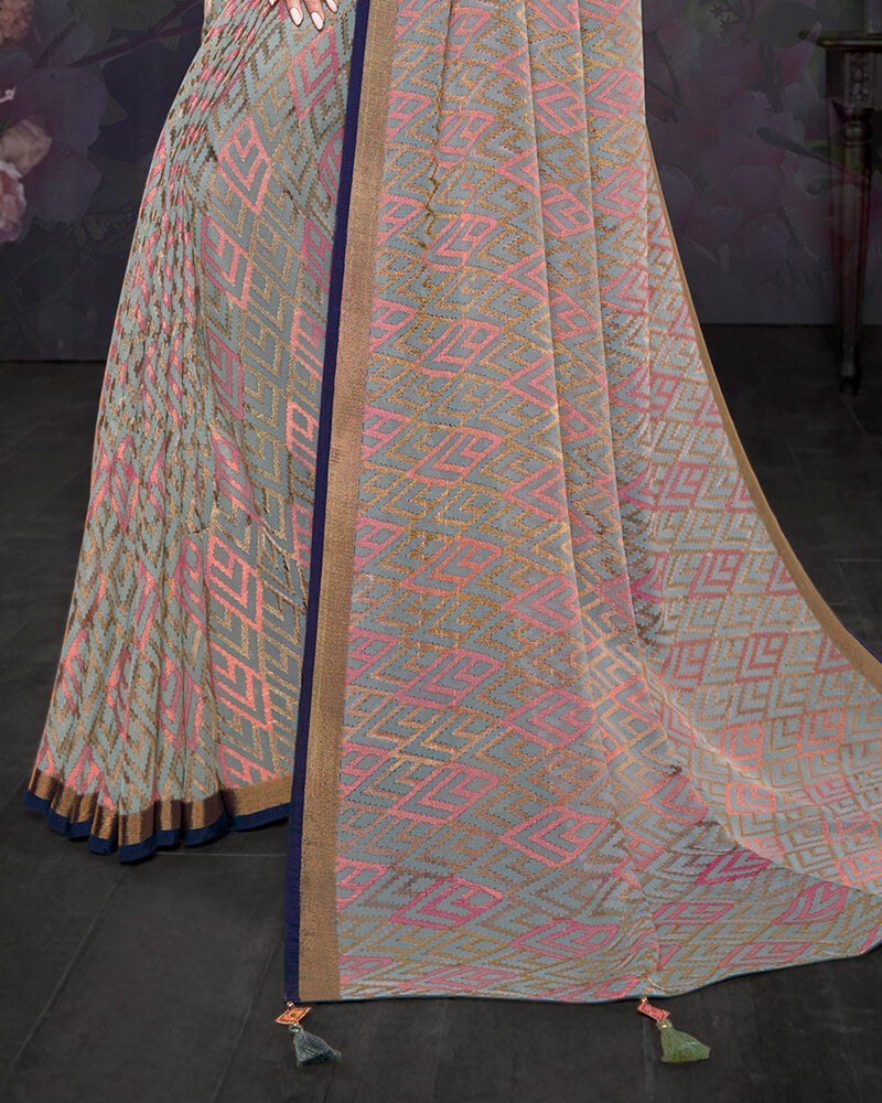 Vishal Prints Cool Grey Brasso Saree With Foil Print And Tassel