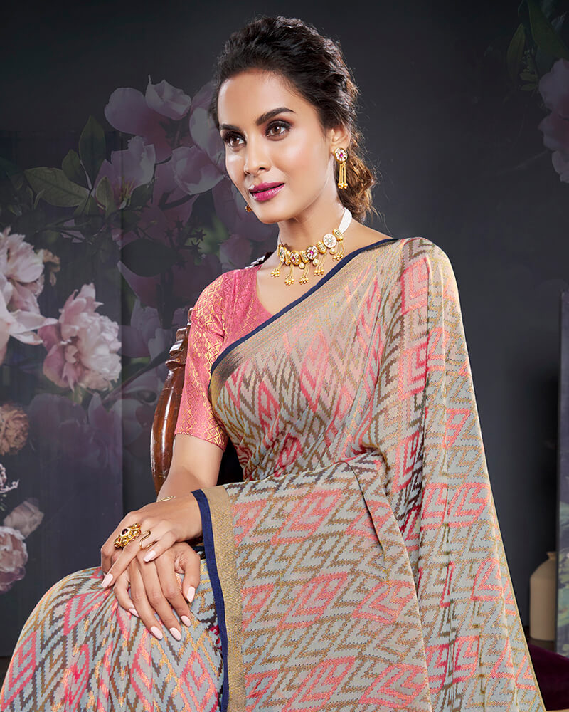 Vishal Prints Cool Grey Brasso Saree With Foil Print And Tassel