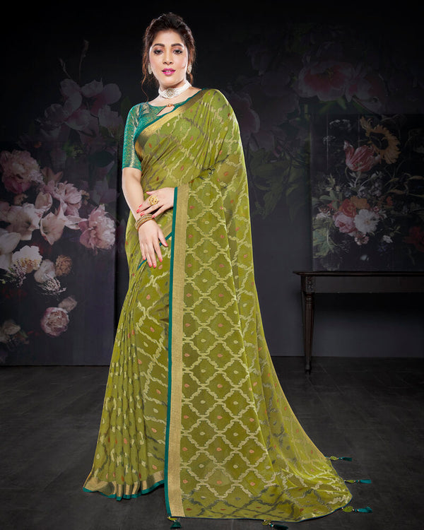 Vishal Prints Mehandi Green Brasso Saree With Foil Print And Tassel