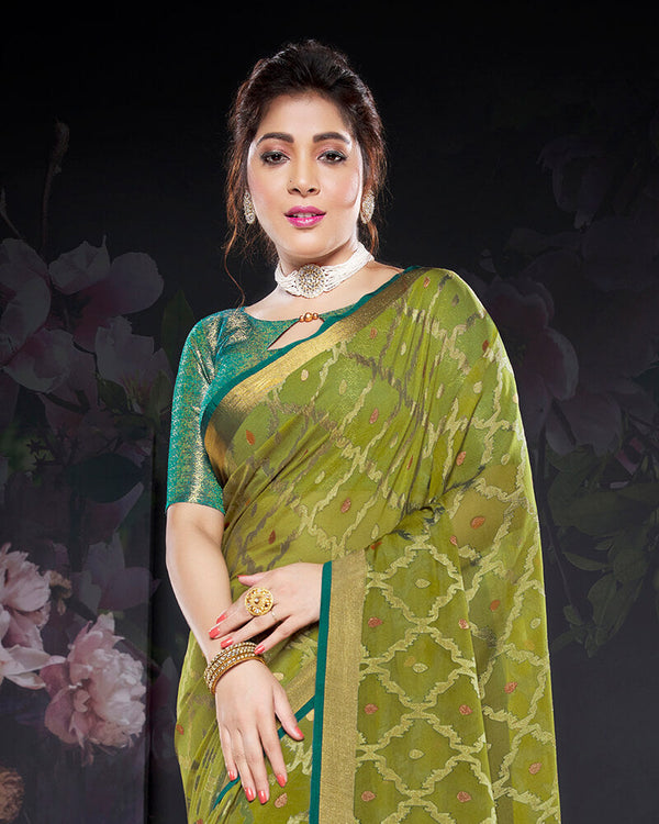 Vishal Prints Mehandi Green Brasso Saree With Foil Print And Tassel