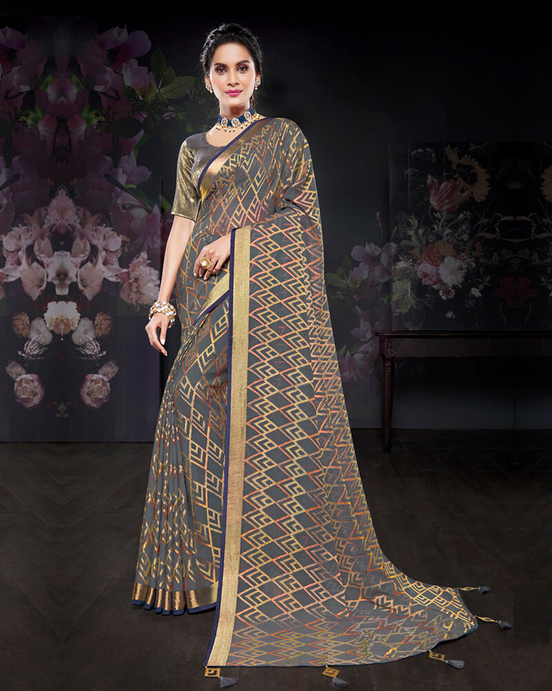 Vishal Prints Charcoal Grey Brasso Saree With Foil Print And Tassel