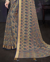 Vishal Prints Charcoal Grey Brasso Saree With Foil Print And Tassel
