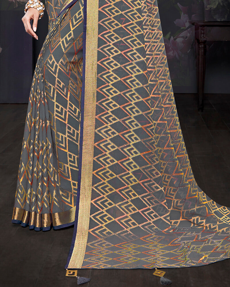 Vishal Prints Charcoal Grey Brasso Saree With Foil Print And Tassel