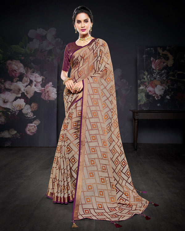 Vishal Prints Pastel Brown Brasso Saree With Foil Print And Tassel
