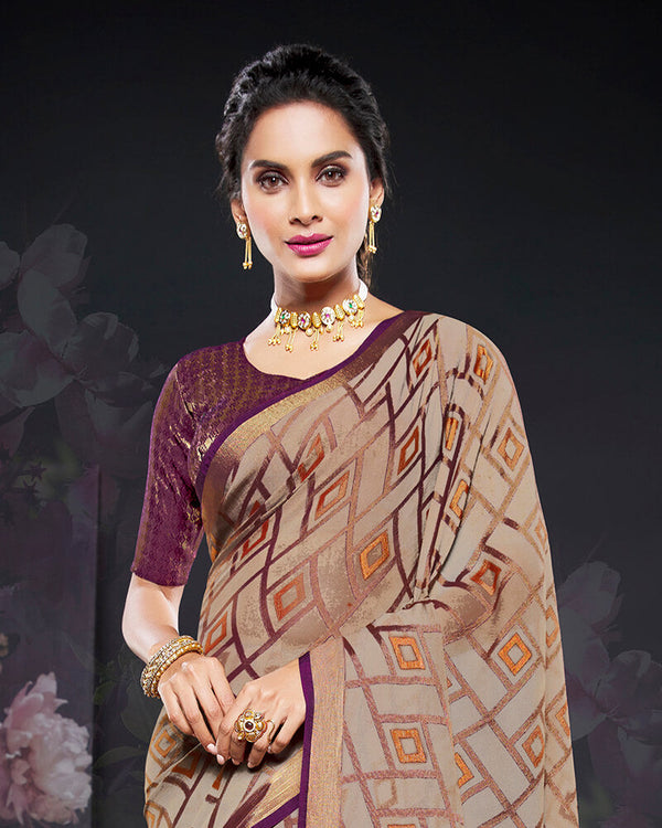 Vishal Prints Pastel Brown Brasso Saree With Foil Print And Tassel