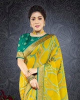 Vishal Prints Dark Yellow Brasso Saree With Jari Border And Foil Print
