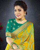 Vishal Prints Dark Yellow Brasso Saree With Jari Border And Foil Print