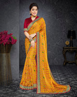 Vishal Prints Dark Yellow Brasso Saree With Jari Border And Foil Print