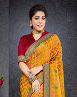 Vishal Prints Dark Yellow Brasso Saree With Jari Border And Foil Print