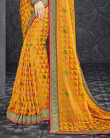 Vishal Prints Dark Yellow Brasso Saree With Jari Border And Foil Print