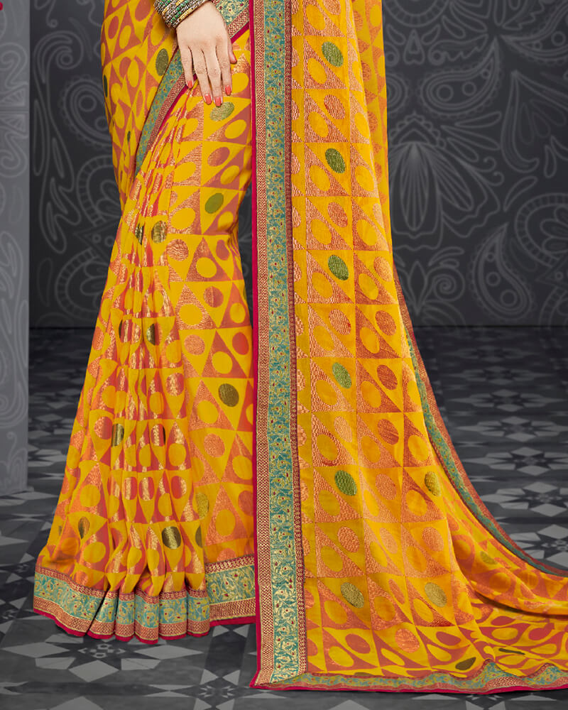 Vishal Prints Dark Yellow Brasso Saree With Jari Border And Foil Print