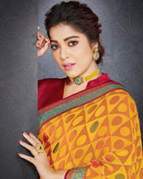 Vishal Prints Dark Yellow Brasso Saree With Jari Border And Foil Print