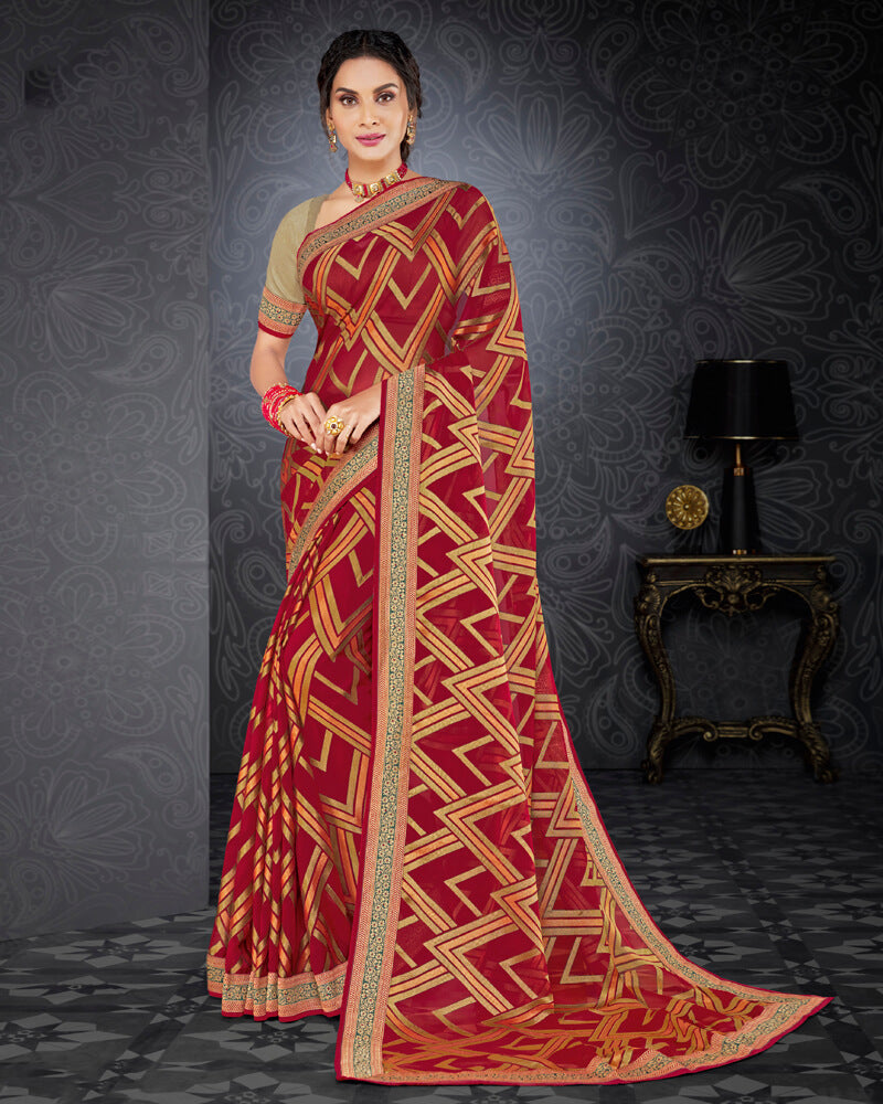 Vishal Prints Cherry Red Brasso Saree With Jari Border And Foil Print
