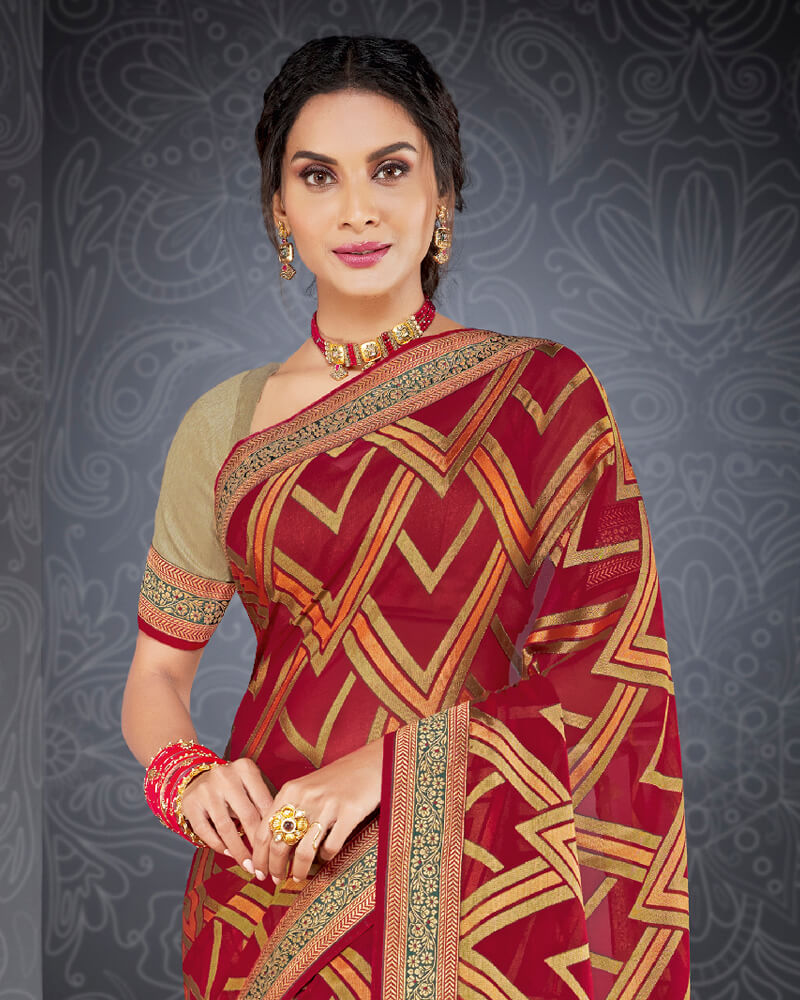 Vishal Prints Cherry Red Brasso Saree With Jari Border And Foil Print