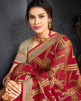 Vishal Prints Cherry Red Brasso Saree With Jari Border And Foil Print