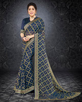 Vishal Prints Ink Blue Brasso Saree With Jari Border And Foil Print