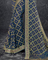 Vishal Prints Ink Blue Brasso Saree With Jari Border And Foil Print