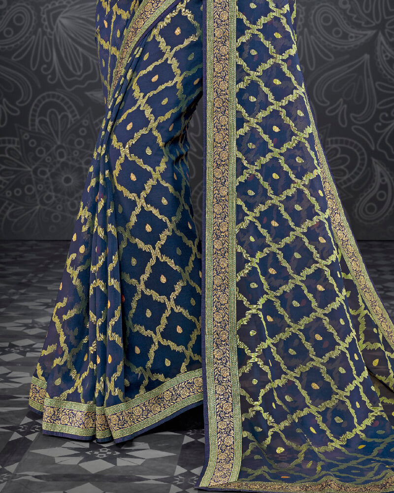 Vishal Prints Ink Blue Brasso Saree With Jari Border And Foil Print