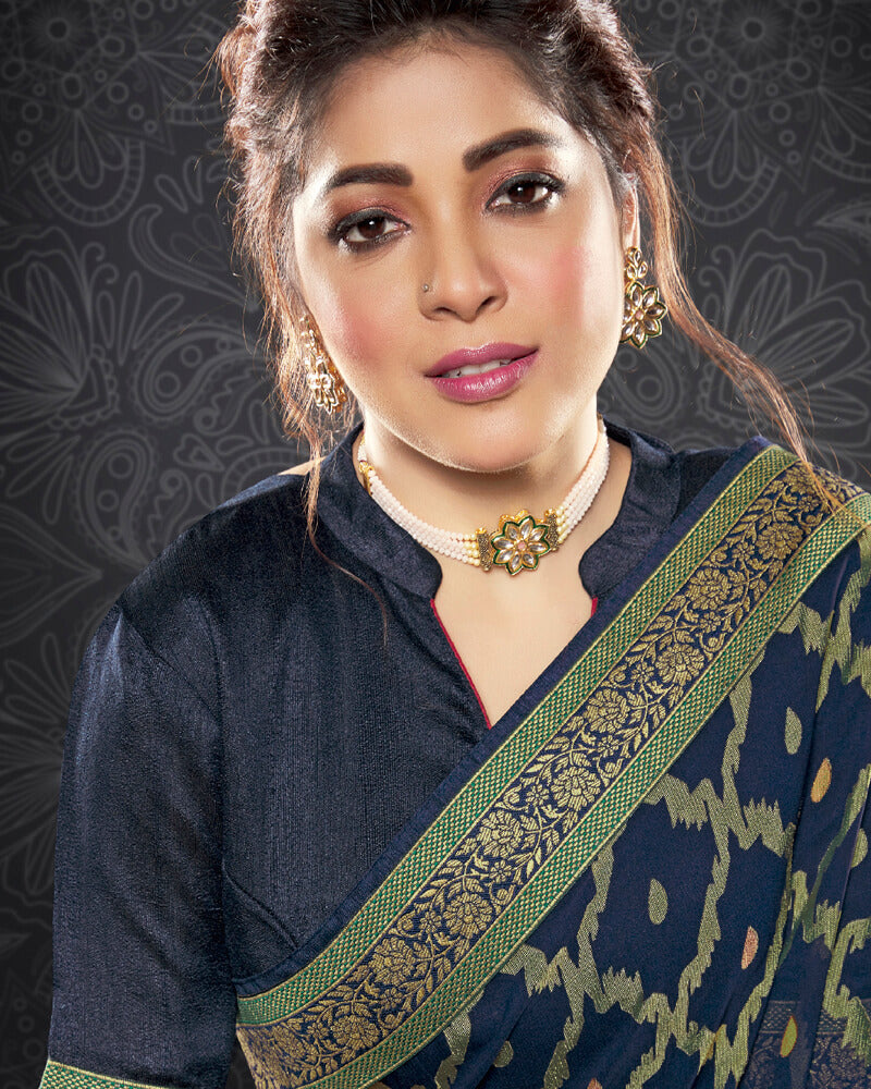 Vishal Prints Ink Blue Brasso Saree With Jari Border And Foil Print