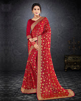 Vishal Prints Cherry Red Brasso Saree With Jari Border And Foil Print