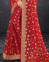 Vishal Prints Cherry Red Brasso Saree With Jari Border And Foil Print