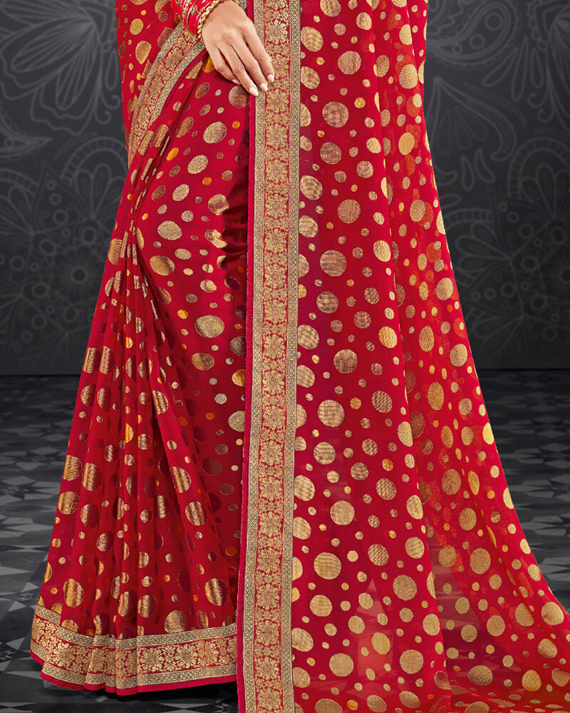 Vishal Prints Cherry Red Brasso Saree With Jari Border And Foil Print